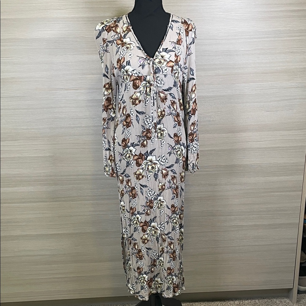 NATURAL LIFE Bohemian Floral Long Sleeve Midi  Dress Taupe Brown Yellow | Small